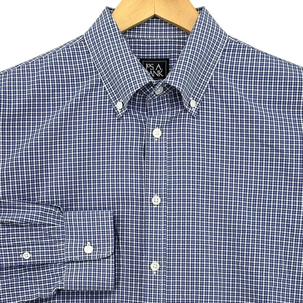 Jos. A. Bank Blue White Mini Check Gingham Button Down Shirt Long Sleeve‎ L